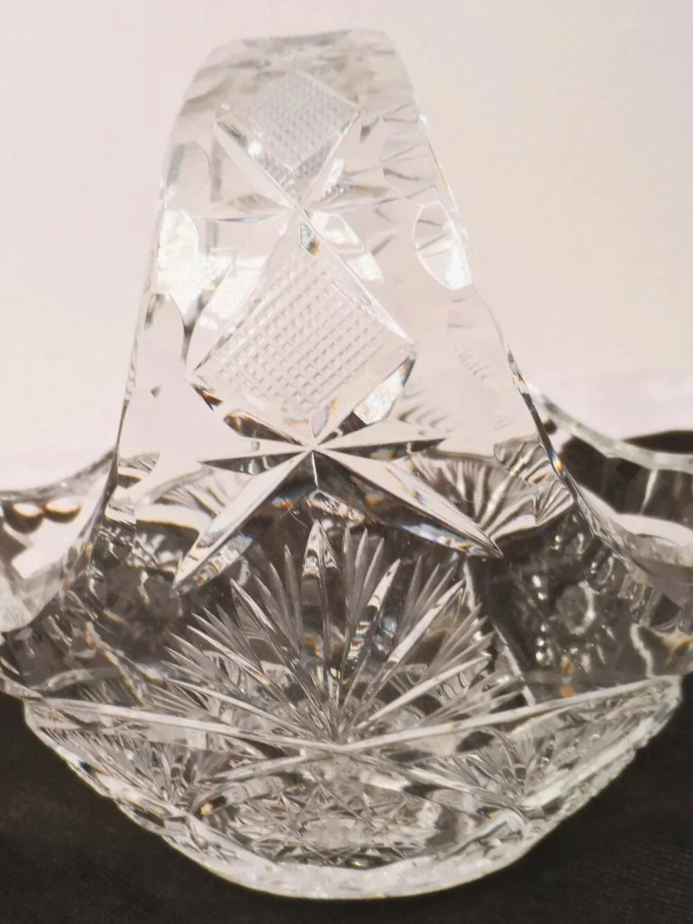 Bohemian Clear Lead Crystal Basket w/Handle Starburst Pinwheel Design 5.75
